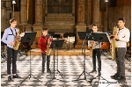 Das Saxophonquartett während eines früheren Auftrittes in der Kulturkirche St. Jakobi v.l.n.r.: Justus Fahl,  Emil Haase, Philipp Scheibel und Deniz Heidmann